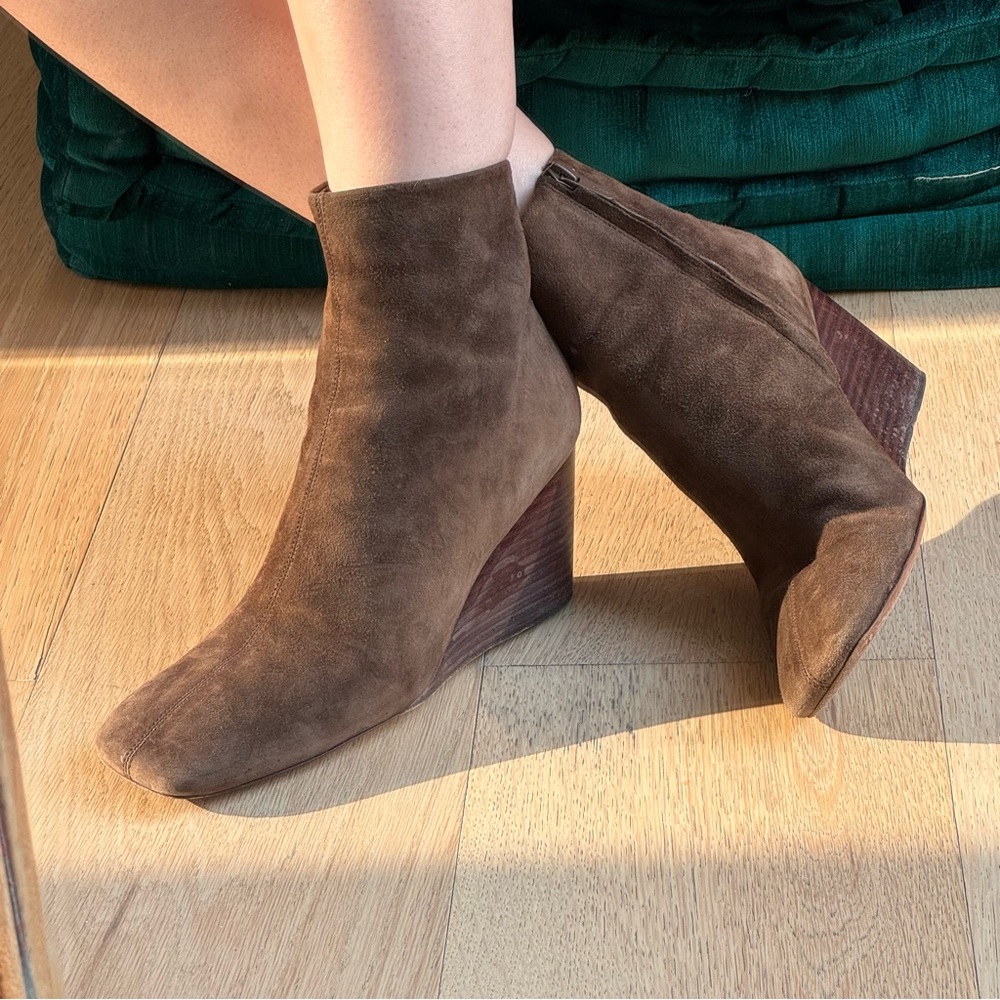 Vince Brown Suede Wedge Ankle Boots – Minimalist 70s Luxe